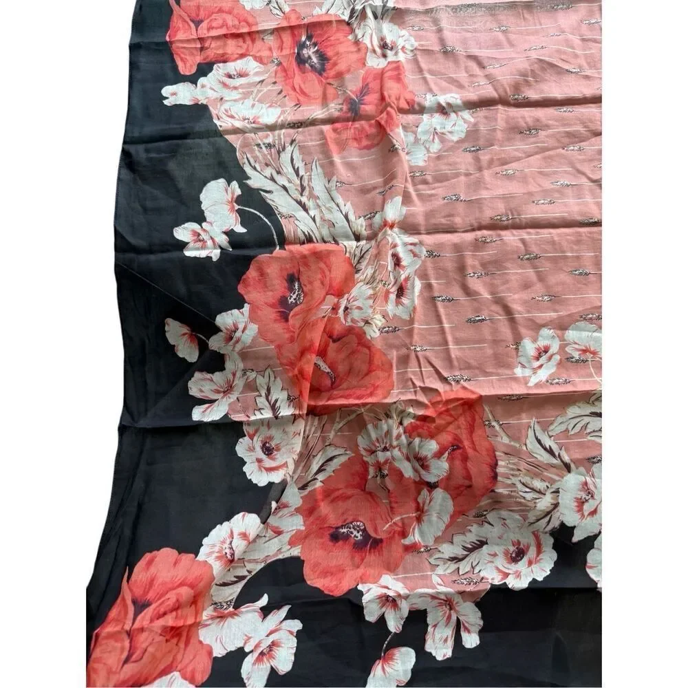NWT Ann Taylor Womens Black Red Floral Silk Blend Sheer Lightweight Scarf